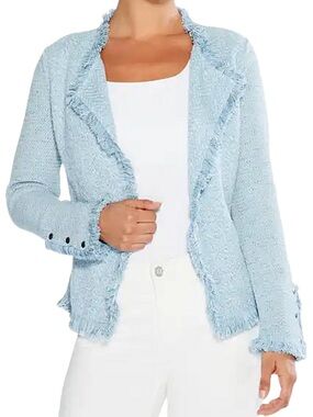 Fringe Mix Knit Open Front Jacket Blue White Marled XL NIC+ZOE